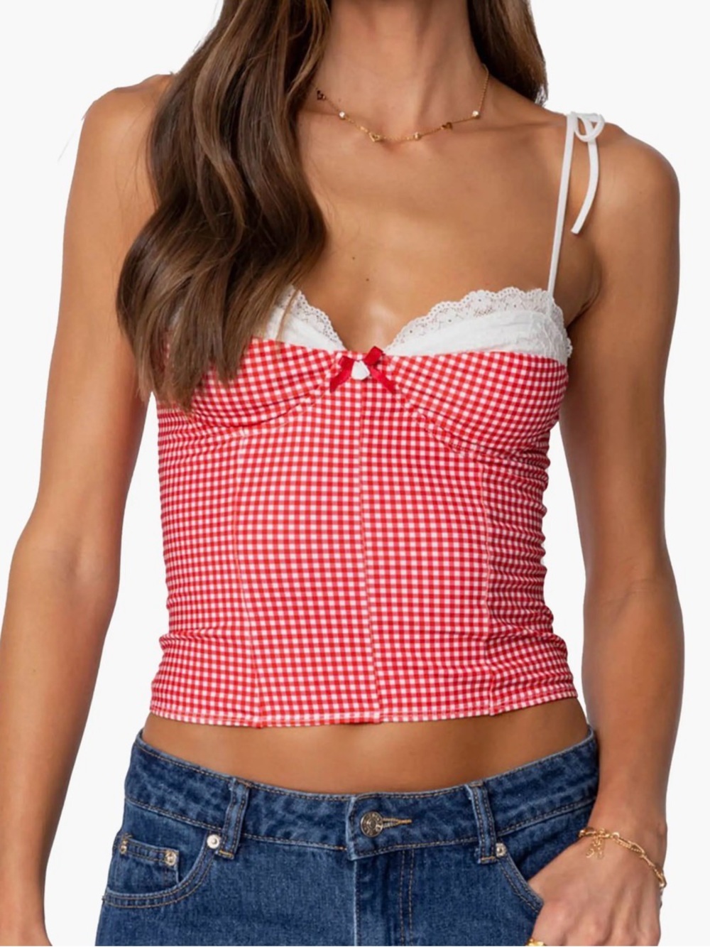 Edikted Peekaboo Lacy Gingham Corset Top